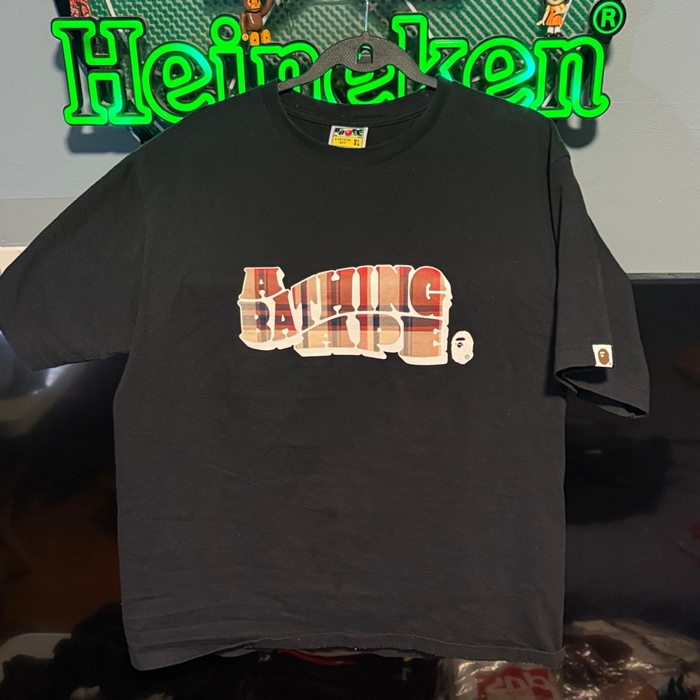 $OLD* A Bathing Ape Bape Black Tee W/Plaid Logo Mens XL